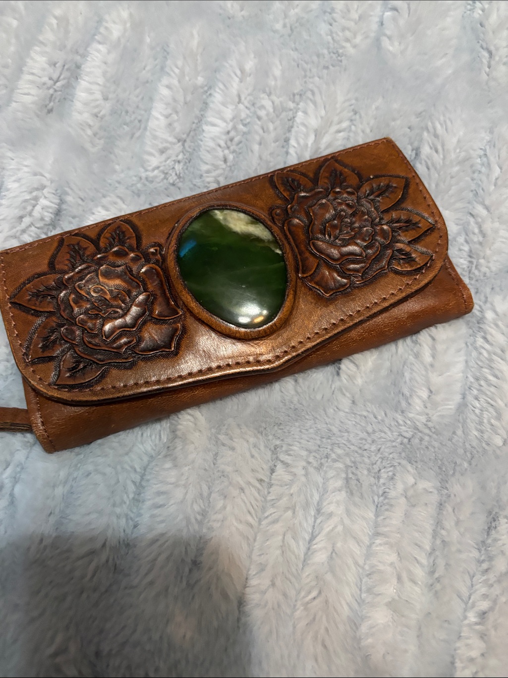Buffalo Girl Hand-Tooled Brown Leather Wallet With Green Stone Accent